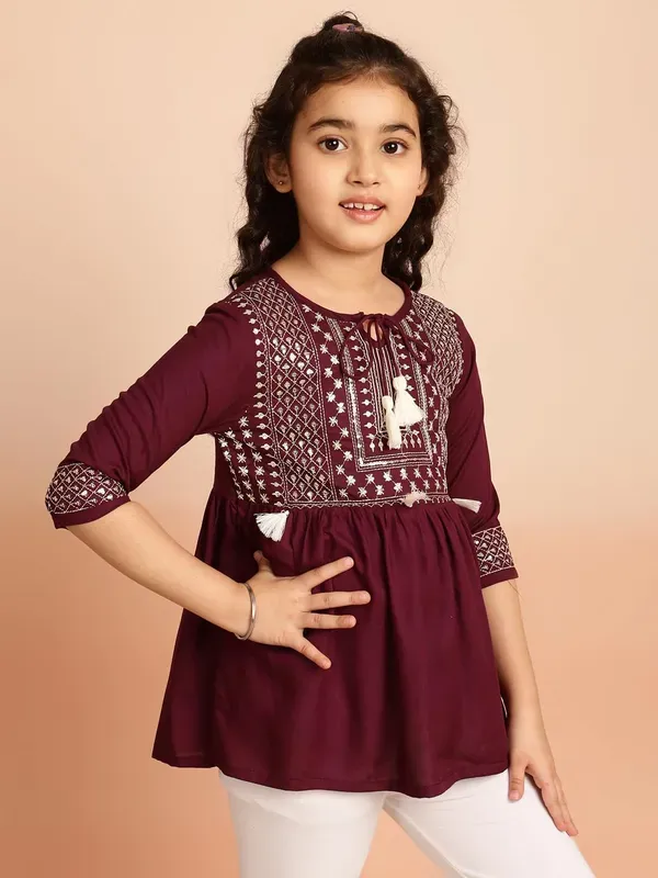 Wine_Embroidered_Regular_Fit_Tie_Up_Neck_Casual_Top_For_Girls