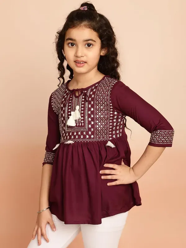 Wine_Embroidered_Regular_Fit_Tie_Up_Neck_Casual_Top_For_Girls