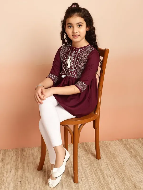 Wine_Embroidered_Regular_Fit_Tie_Up_Neck_Casual_Top_For_Girls