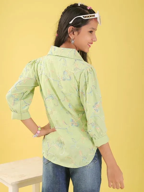 Green_Cotton_Blend_Floral_Embroidered_Top_With_Half_Sleeves_For_Girls