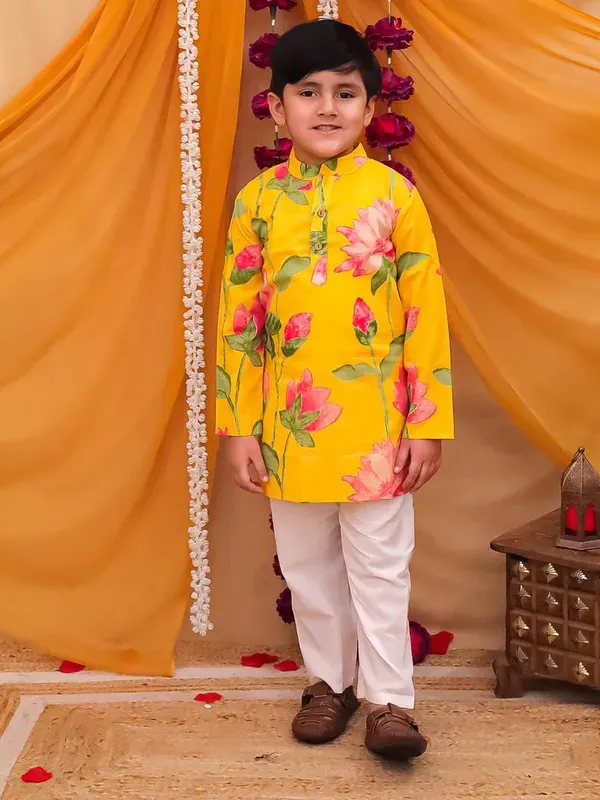 Yellow_Cotton_Floral_Print_Kurta_With_Pant_Set_For_Boys