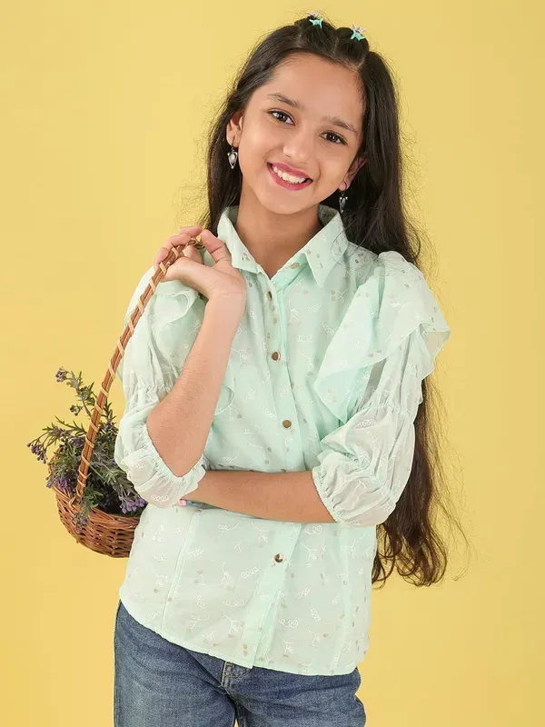 Light_Green_Georgette_All_Over_Floral_Print_Button_Down_Shirt_For_Girls