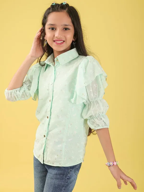 Light_Green_Georgette_All_Over_Floral_Print_Button_Down_Shirt_For_Girls