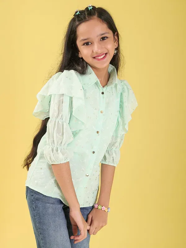 Light_Green_Georgette_All_Over_Floral_Print_Button_Down_Shirt_For_Girls