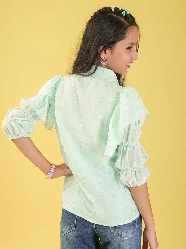 Light_Green_Georgette_All_Over_Floral_Print_Button_Down_Shirt_For_Girls
