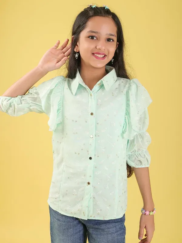 Light_Green_Georgette_All_Over_Floral_Print_Button_Down_Shirt_For_Girls