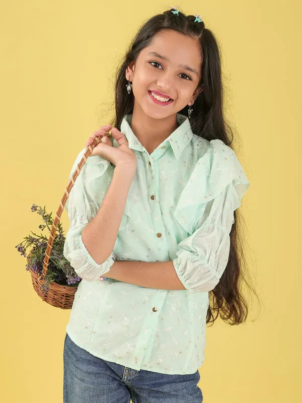 Light_Green_Georgette_All_Over_Floral_Print_Button_Down_Shirt_For_Girls