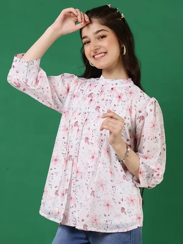 Peach_Floral_Printed_Round_Neck_Regular_Fit_Pleated_High_Neck_Casual_Top_For_Girls