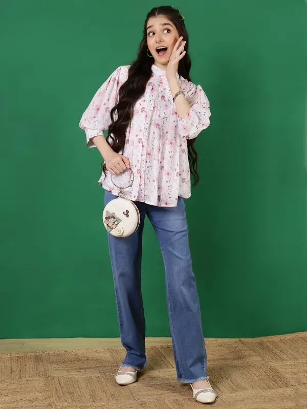 Peach_Floral_Printed_Round_Neck_Regular_Fit_Pleated_High_Neck_Casual_Top_For_Girls