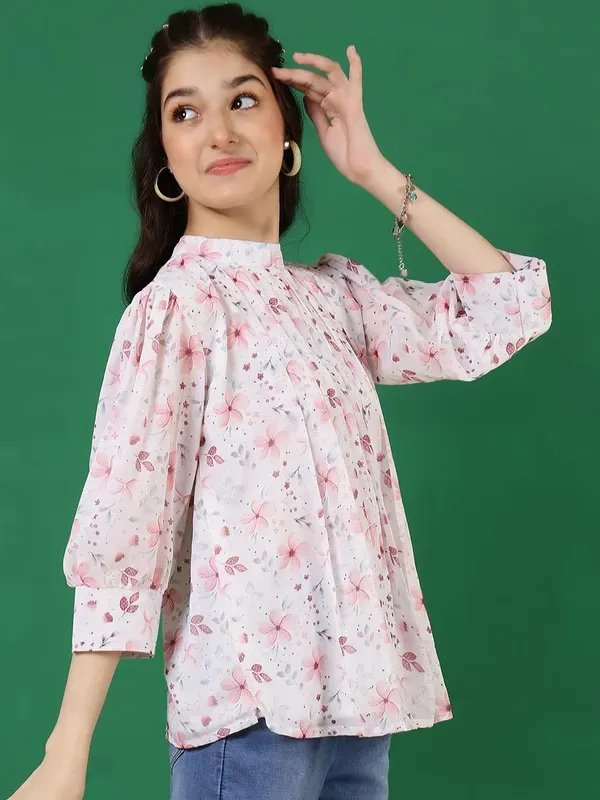 Peach_Floral_Printed_Round_Neck_Regular_Fit_Pleated_High_Neck_Casual_Top_For_Girls