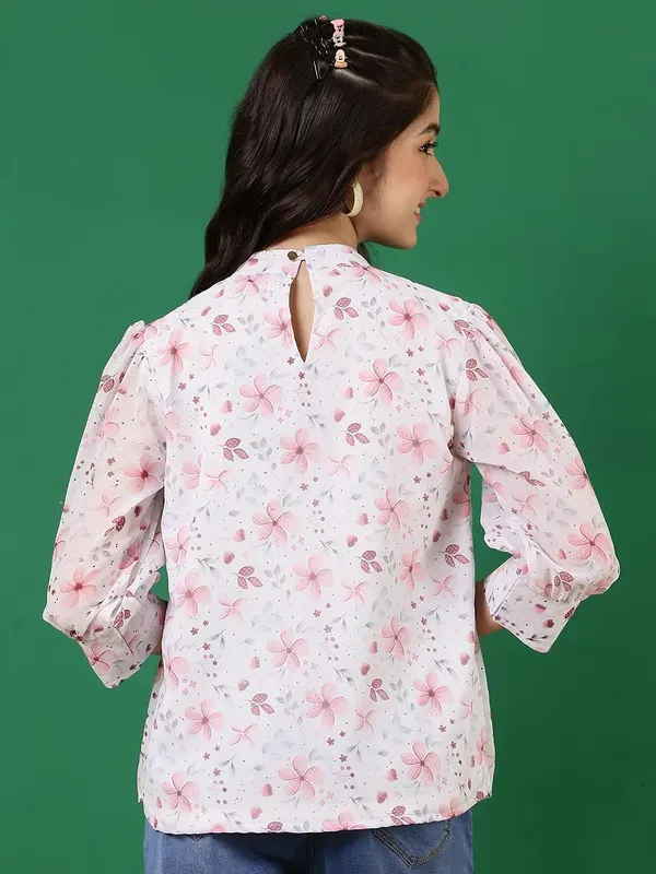 Peach_Floral_Printed_Round_Neck_Regular_Fit_Pleated_High_Neck_Casual_Top_For_Girls