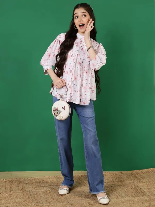 Peach_Floral_Printed_Round_Neck_Regular_Fit_Pleated_High_Neck_Casual_Top_For_Girls