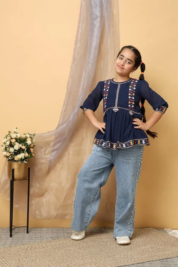 Blue_Georgette_Floral_Embroidered_Top_With_For_Girls