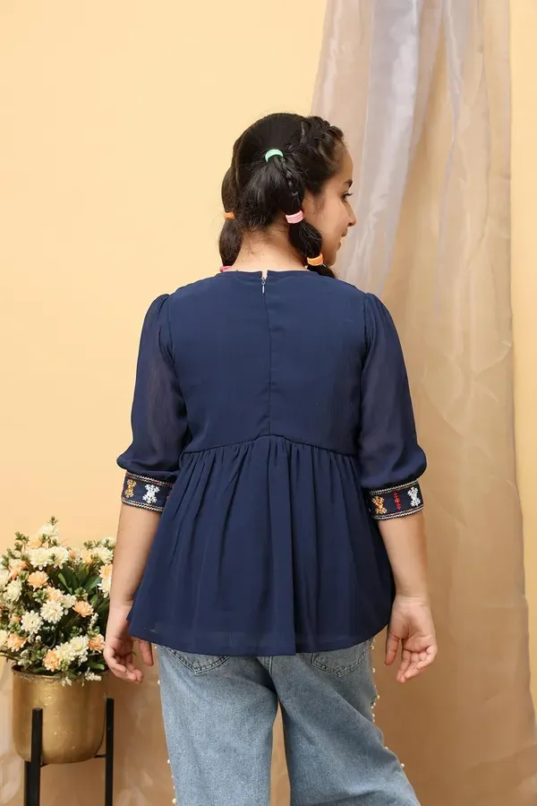 Blue_Georgette_Floral_Embroidered_Top_With_For_Girls