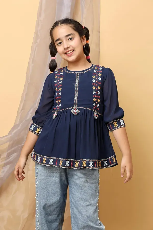 Blue_Georgette_Floral_Embroidered_Top_With_For_Girls