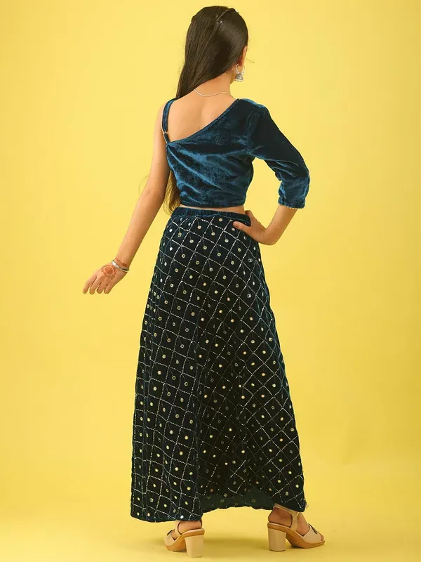 Blue_Velvet_Embroidered_Top_With_Lehenga_And_Net_Dupatta_Set