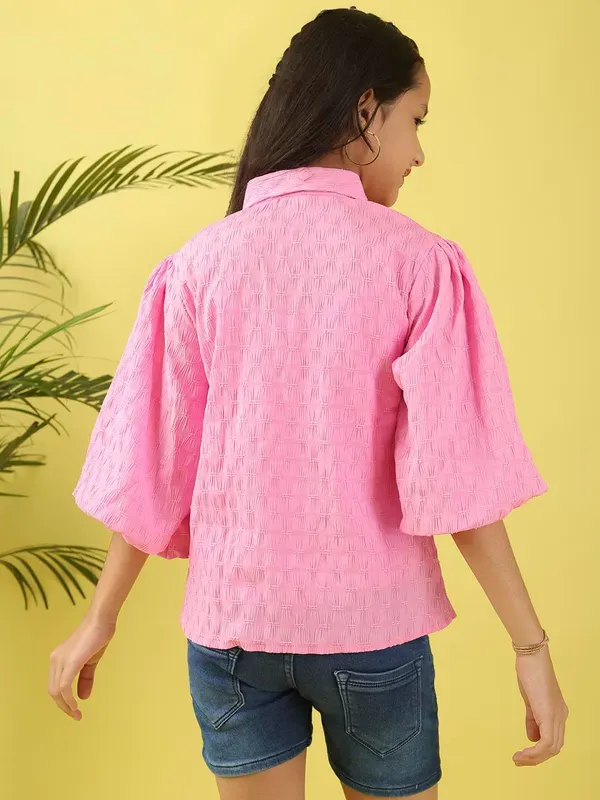 Pink_Textured_Shirt_With_Applique_Puff_Sleeves_Casual_Button_Down_Top_For_Girls