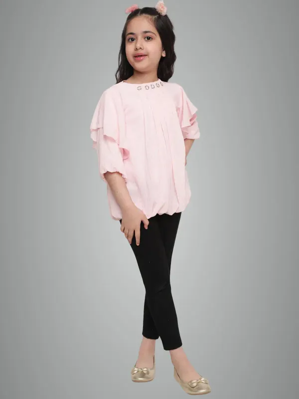 Peach_Layered_Sleeves_Solid_Regular_Fit_Round_Neck_Pleated_Casual_Top_For_Girls