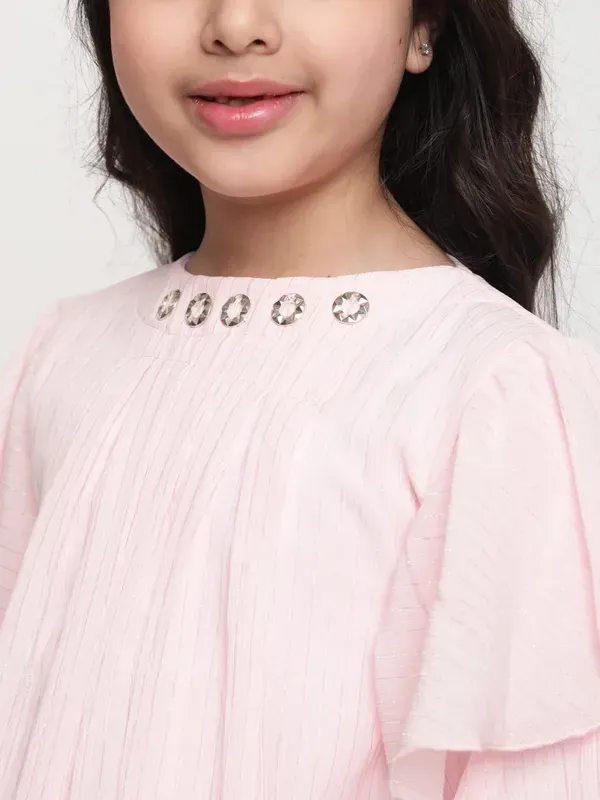 Peach_Layered_Sleeves_Solid_Regular_Fit_Round_Neck_Pleated_Casual_Top_For_Girls