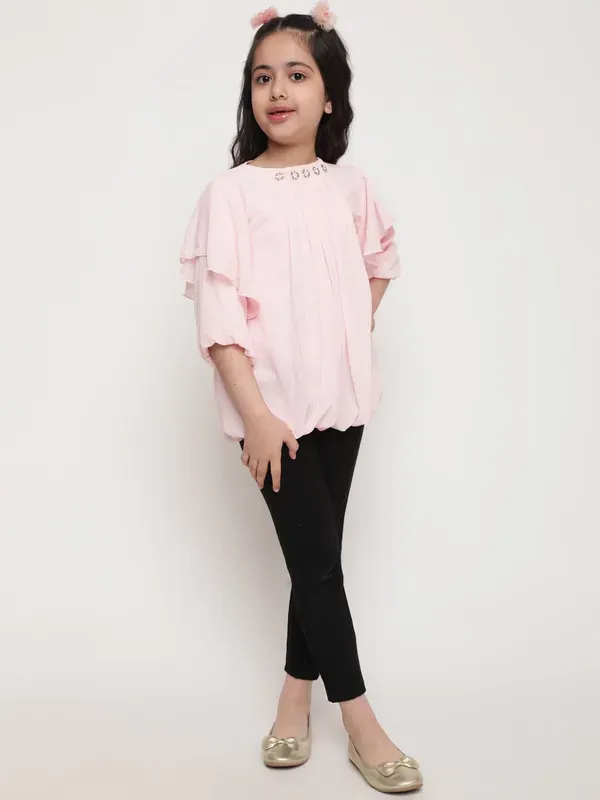 Peach_Layered_Sleeves_Solid_Regular_Fit_Round_Neck_Pleated_Casual_Top_For_Girls