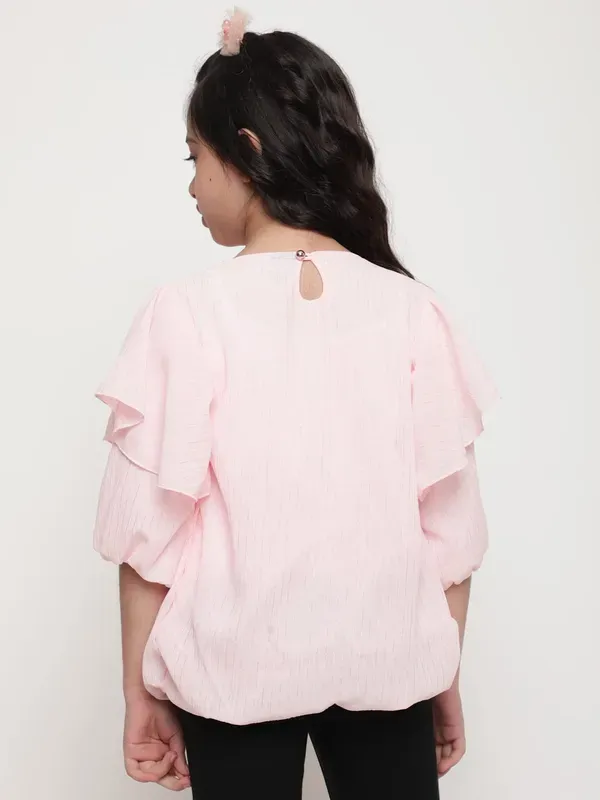 Peach_Layered_Sleeves_Solid_Regular_Fit_Round_Neck_Pleated_Casual_Top_For_Girls