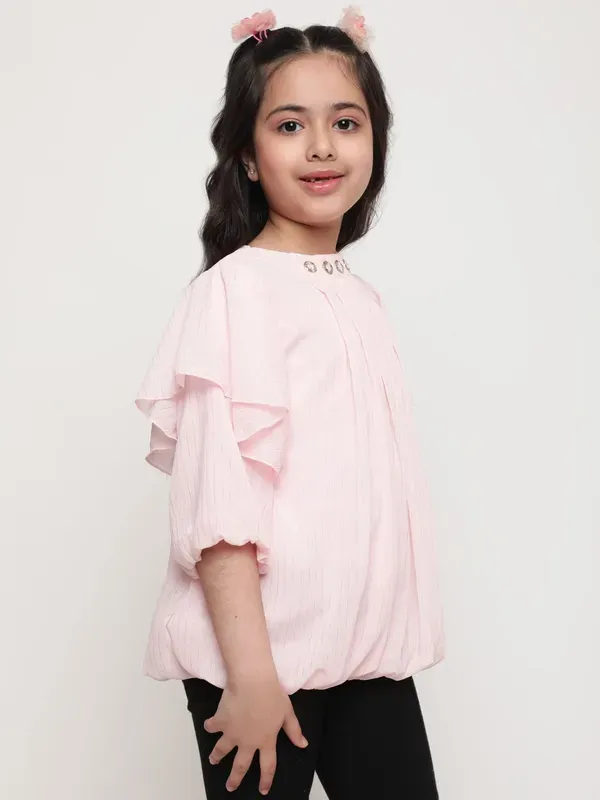 Peach_Layered_Sleeves_Solid_Regular_Fit_Round_Neck_Pleated_Casual_Top_For_Girls