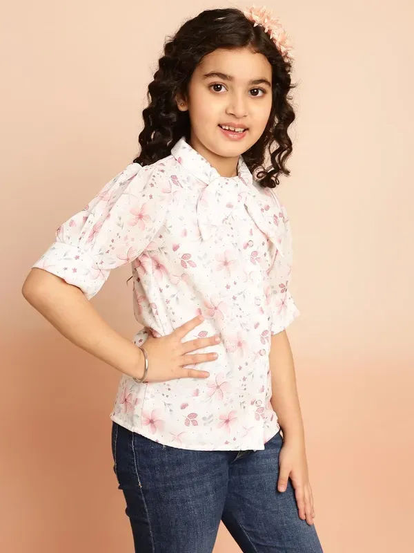 Peach_Floral_Printed_Puff_Sleeves_Shirt_With_Bow_Tie_Neck_For_Girls