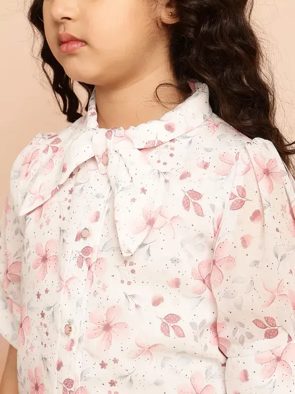 Peach_Floral_Printed_Puff_Sleeves_Shirt_With_Bow_Tie_Neck_For_Girls