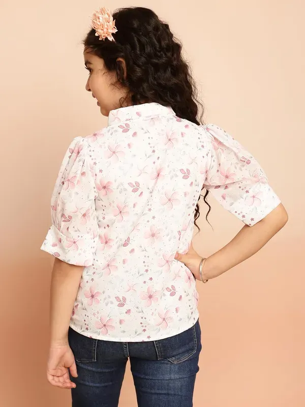 Peach_Floral_Printed_Puff_Sleeves_Shirt_With_Bow_Tie_Neck_For_Girls