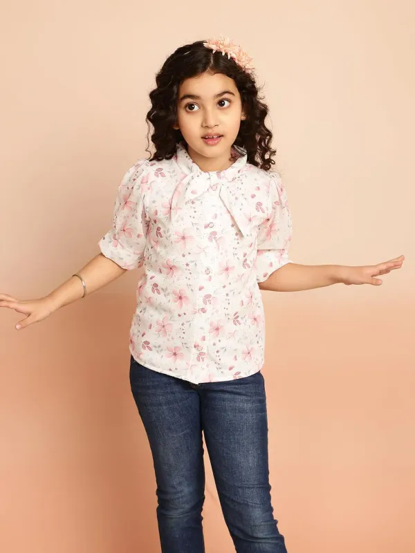 Peach_Floral_Printed_Puff_Sleeves_Shirt_With_Bow_Tie_Neck_For_Girls