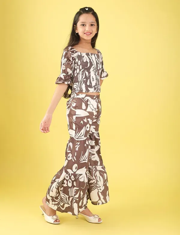 Brown_And_White_Floral_Smocked_Crop_Top_And_Wide_Leg_Palazzo_Pants_Co-Ord_Set_For_Girls