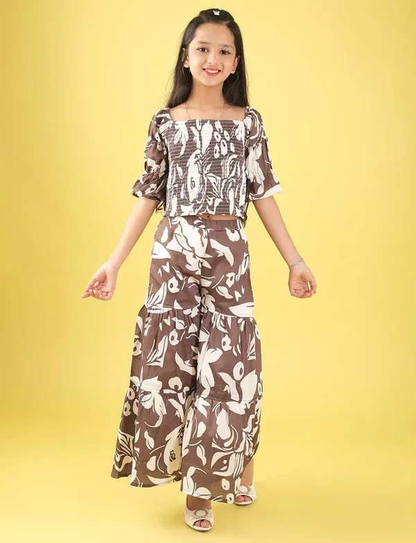 Brown_And_White_Floral_Smocked_Crop_Top_And_Wide_Leg_Palazzo_Pants_Co-Ord_Set_For_Girls