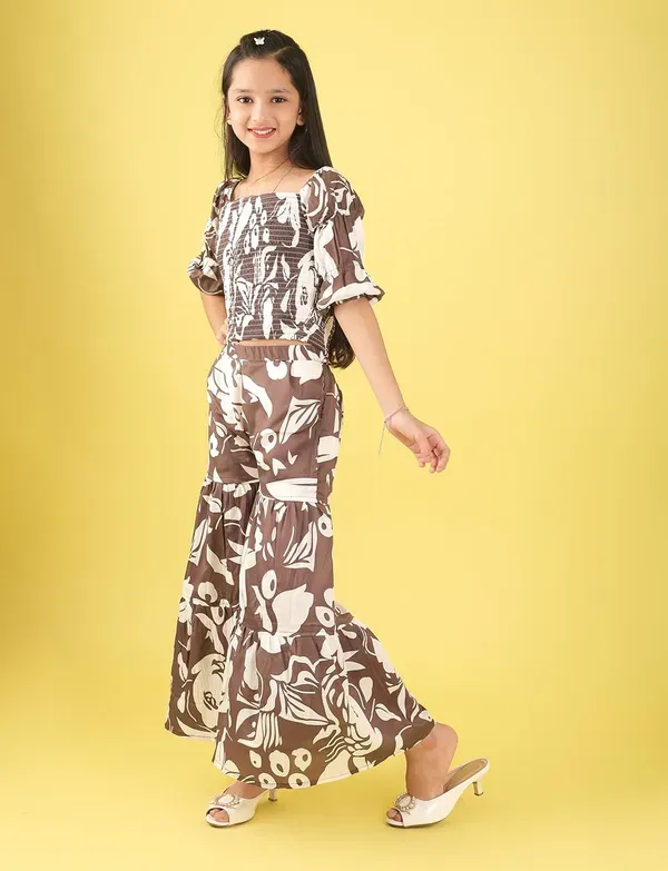 Brown_And_White_Floral_Smocked_Crop_Top_And_Wide_Leg_Palazzo_Pants_Co-Ord_Set_For_Girls