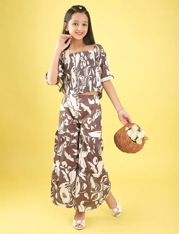 Brown_And_White_Floral_Smocked_Crop_Top_And_Wide_Leg_Palazzo_Pants_Co-Ord_Set_For_Girls