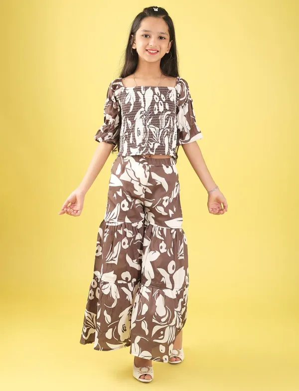 Brown_And_White_Floral_Smocked_Crop_Top_And_Wide_Leg_Palazzo_Pants_Co-Ord_Set_For_Girls
