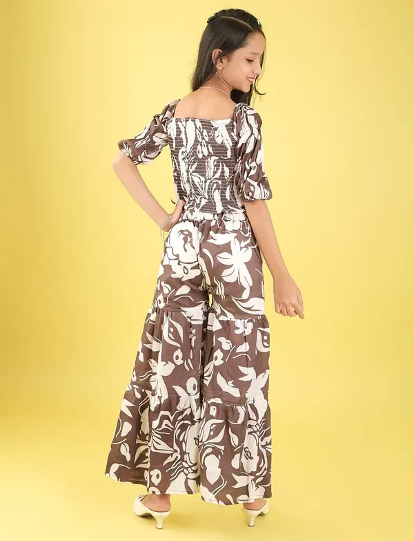 Brown_And_White_Floral_Smocked_Crop_Top_And_Wide_Leg_Palazzo_Pants_Co-Ord_Set_For_Girls