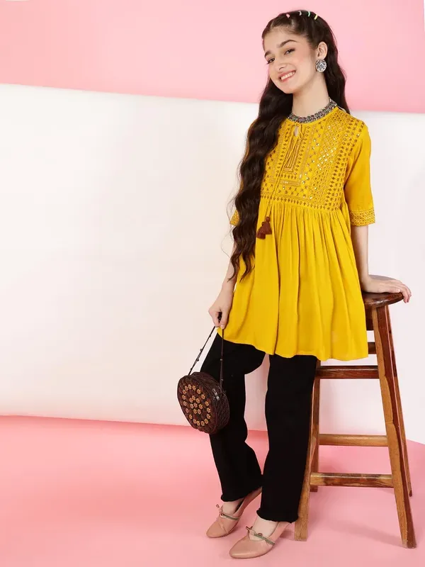 Mustard_Rayon_Floral_Sequins_Embroidery_Neck_Tie_Up_Casual_Top_For_Girls