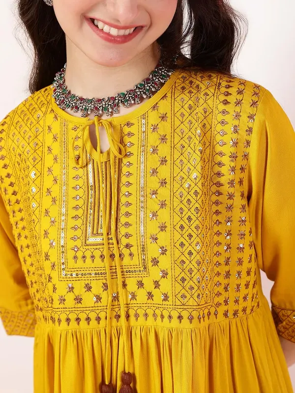 Mustard_Rayon_Floral_Sequins_Embroidery_Neck_Tie_Up_Casual_Top_For_Girls