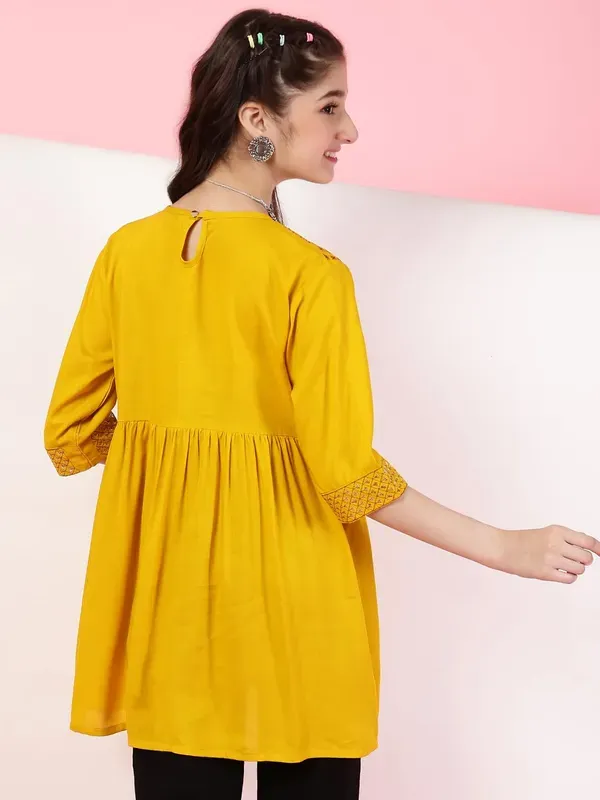 Mustard_Rayon_Floral_Sequins_Embroidery_Neck_Tie_Up_Casual_Top_For_Girls