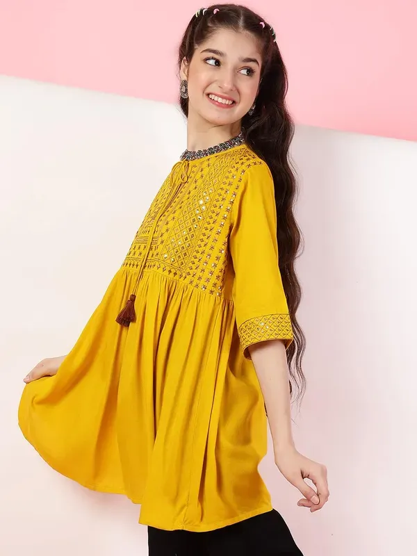 Mustard_Rayon_Floral_Sequins_Embroidery_Neck_Tie_Up_Casual_Top_For_Girls