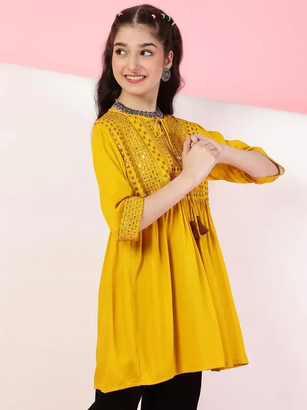 Mustard_Rayon_Floral_Sequins_Embroidery_Neck_Tie_Up_Casual_Top_For_Girls