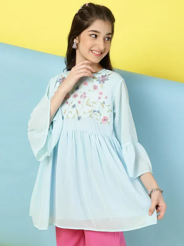 Sky_Blue_Bell_Sleeves_Embroidered_Regular_Fit_Round_Neck_Casual_Top_For_Girls