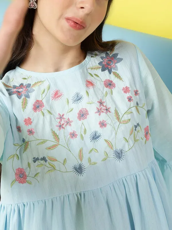 Sky_Blue_Bell_Sleeves_Embroidered_Regular_Fit_Round_Neck_Casual_Top_For_Girls