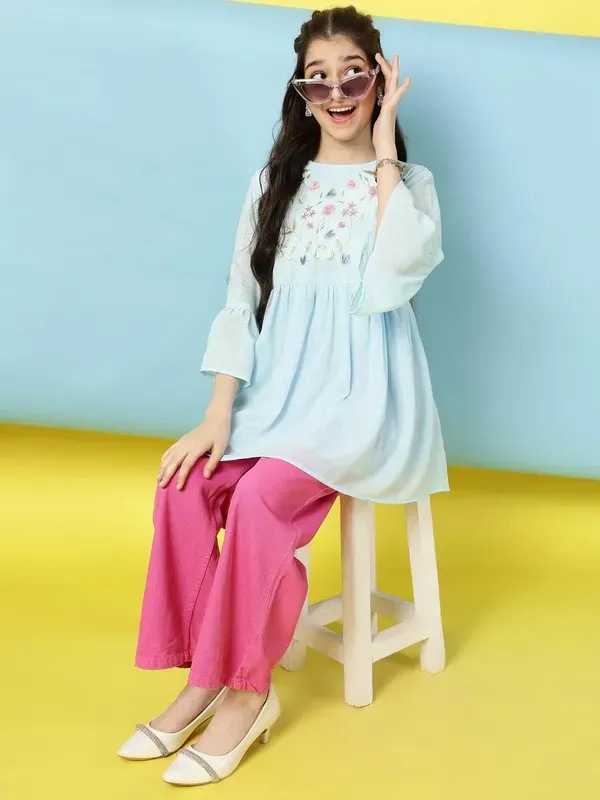 Sky_Blue_Bell_Sleeves_Embroidered_Regular_Fit_Round_Neck_Casual_Top_For_Girls