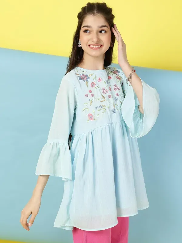 Sky_Blue_Bell_Sleeves_Embroidered_Regular_Fit_Round_Neck_Casual_Top_For_Girls