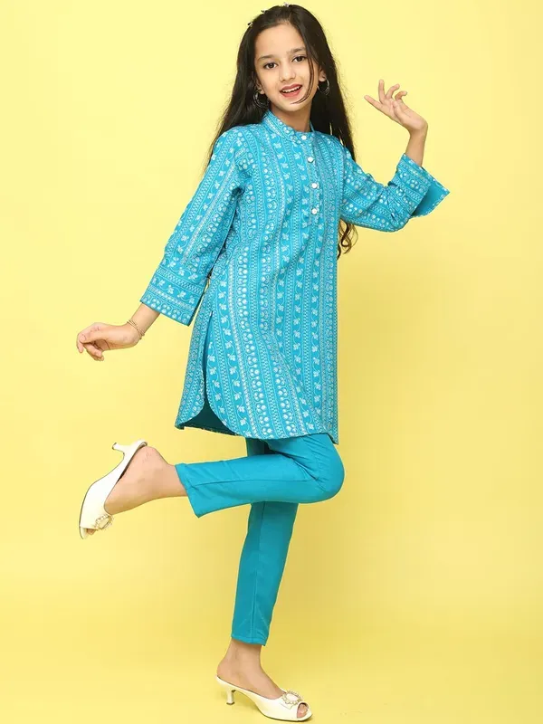 Blue_Ethnic_Printed_Cotton_Kurti_And_Pant_Set_Co-Ord_Set_For_Girls