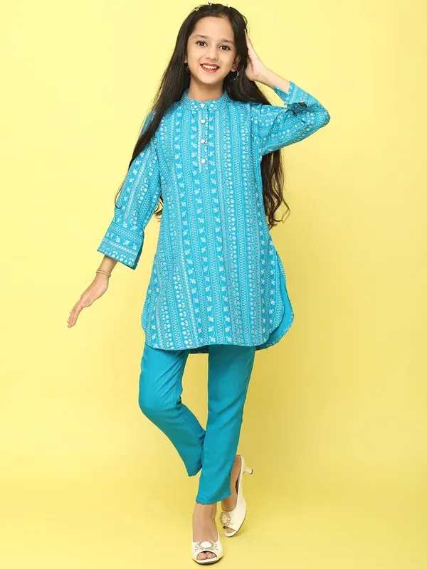 Blue_Ethnic_Printed_Cotton_Kurti_And_Pant_Set_Co-Ord_Set_For_Girls