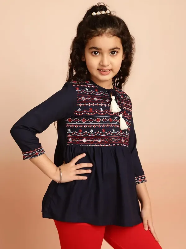 Black_Rayon_Embroidered_Regular_Fit_Tie_Up_Neck_Casual_Top_For_Girls