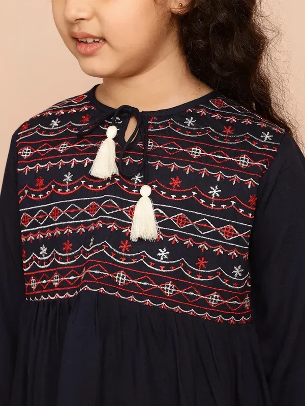 Black_Rayon_Embroidered_Regular_Fit_Tie_Up_Neck_Casual_Top_For_Girls