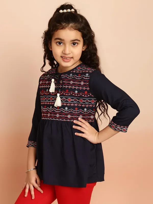 Black_Rayon_Embroidered_Regular_Fit_Tie_Up_Neck_Casual_Top_For_Girls